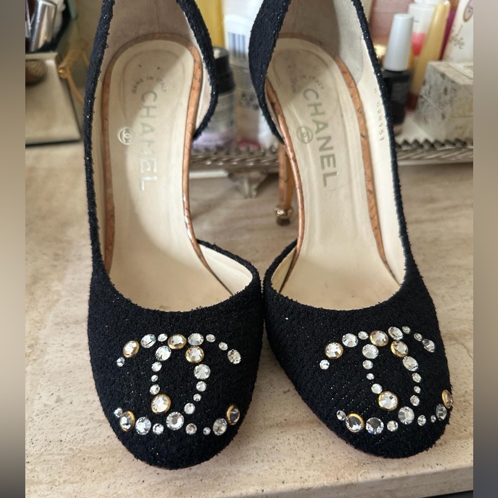 Chanel tweed crystal embellished heels